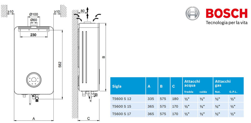 Scaldabagno a gas Metano 15 Litri Bosch Therm 5600 S 15 DV23 Camera Stagna