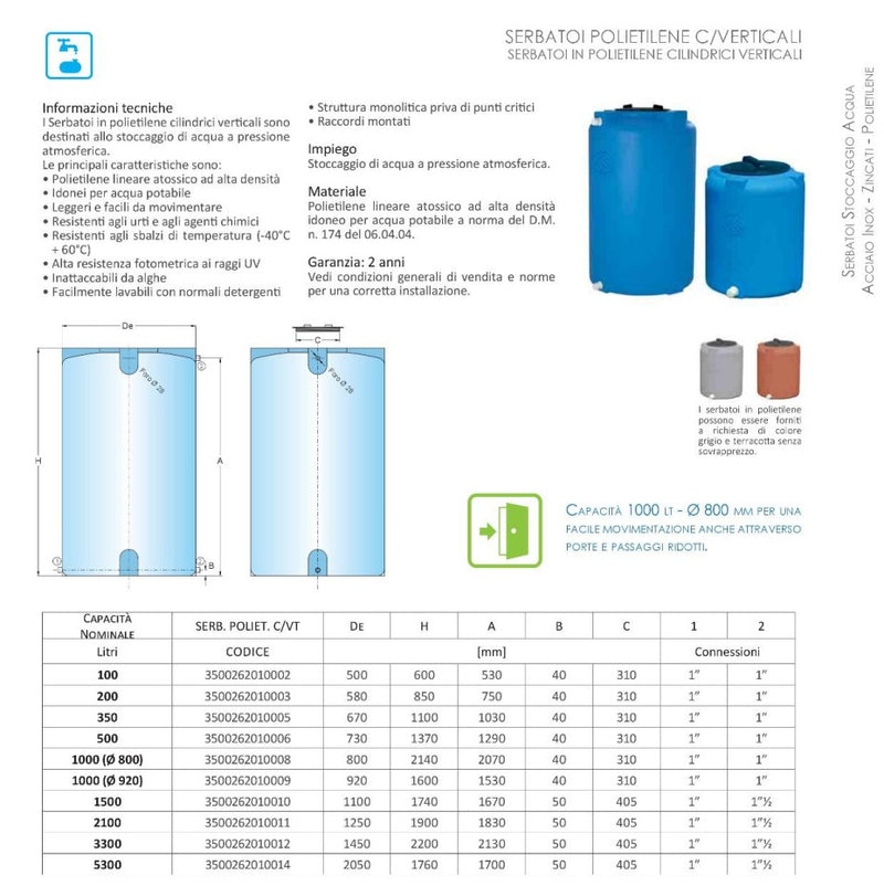 Serbatoio Cordivari in Polietilene 500 Litri Verticale per stoccaggio acqua