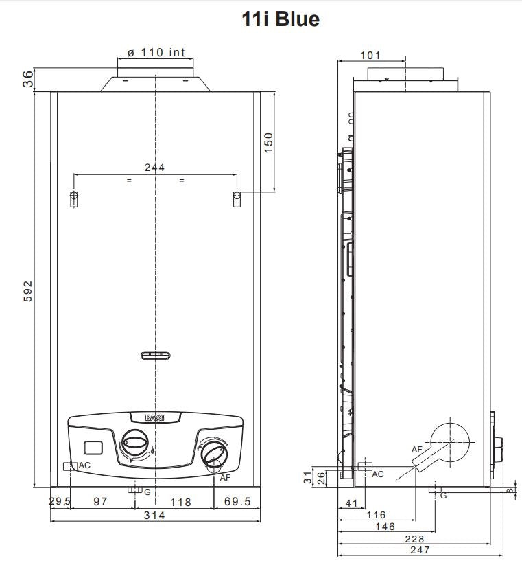 Scaldabagno a gas GPL 11 Litri Baxi Acquaprojet Blue 11i Camera Aperta