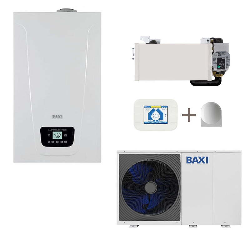 Sistema ibrido Baxi con Pompa di calore Baxi Auriga da 12 kw aria-acqua inverter monofase R32 e caldaia a condensazione da 24 kw